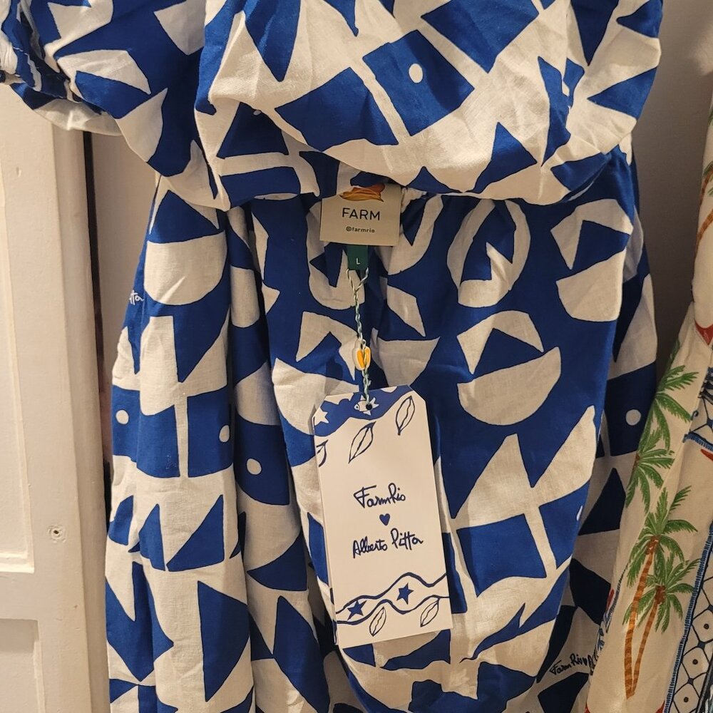 FARM Rio Blue and White One Shoulder Sundress Resort Wear